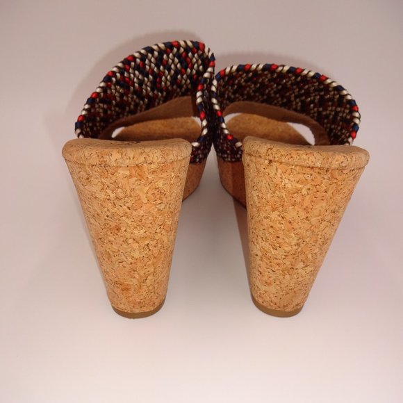 Womens 10M 10 Lucky Brand White Blue Red Slip On Platform Shoes Sandals Cork - Picture 4 of 9